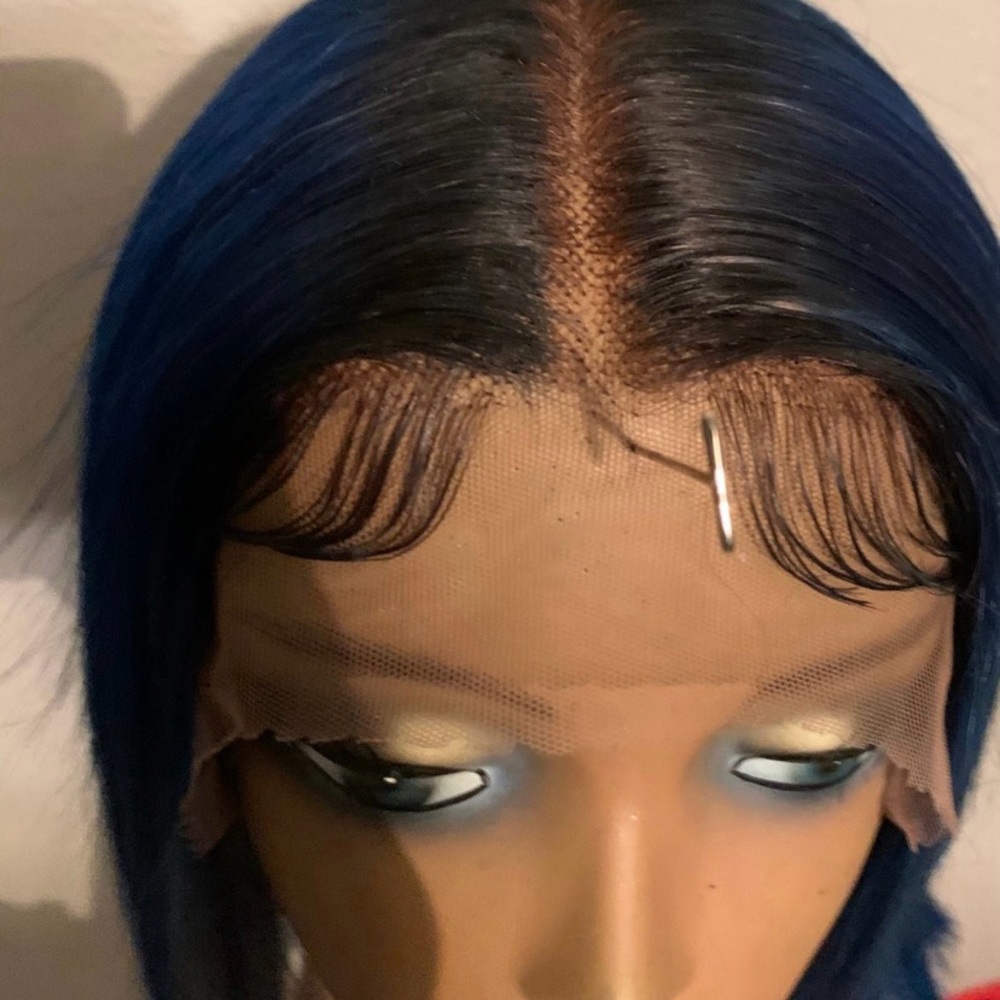 Human hair Tpart Bob wig customized to the color blue clipper cut ready to ship